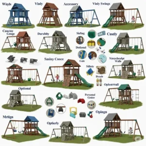 A collage showcasing various design options and customizable features available for vinyl swing sets, from different colors to accessory choices.