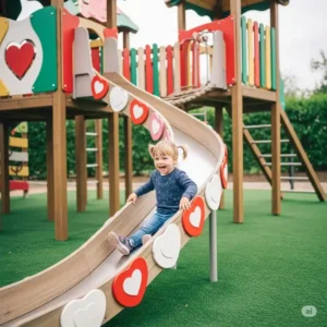 Child giggling while sliding down the wavy slide of a wood and hearts jungle gym.