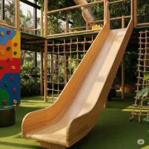 Smooth, polished wooden slide extending from an indoor wooden indoor jungle gym, designed for safe and fun descents.