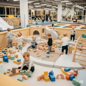 Toddlers exploring a designated soft play area with small wooden elements in an indoor playground.