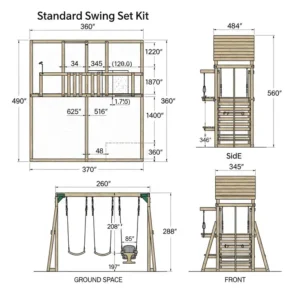 Technical drawing illustrating the dimensions and footprint of a standard wooden swing set kit.