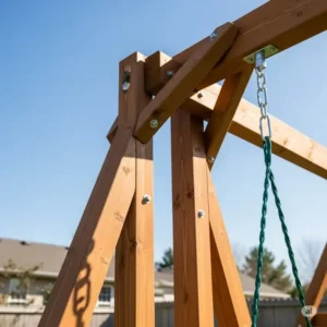 Detail shot showcasing the high-quality wood and sturdy construction of a best rated wooden swing set, emphasizing durability.