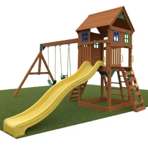 Angled view of the wave slide component of a comprehensive wooden swing set with playhouse.