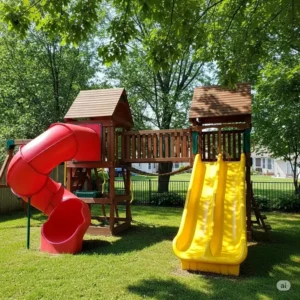 A backyard jungle gym with two distinct slides, providing multiple options for sliding fun in a residential setting.