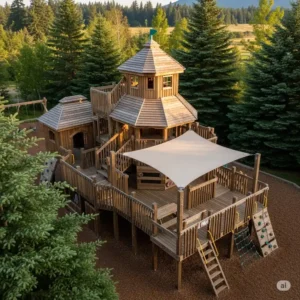 Overhead view of a cedar playground fort structure with a shaded deck and lookout points.