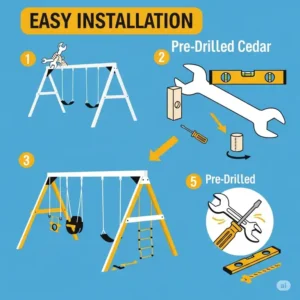 Simplified graphic showing the easy installation process of a pre-drilled cedar swing set, with basic tools.
