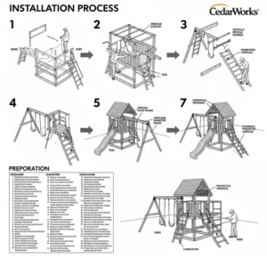 "Diagram or illustration depicting the typical installation process for a CedarWorks playset, addressing a common question in CedarWorks playset reviews."