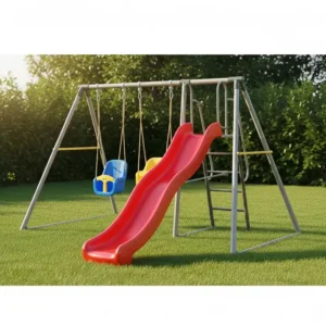 A compact metal playground set ideal for smaller backyards, featuring a slide and two swings.