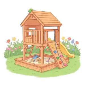 An illustration depicting a compact wooden playset with a built-in sandbox area at its base, offering a dedicated space for creative sand play.