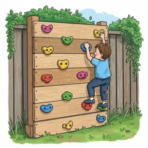 Illustration of a simple, do-it-yourself backyard climbing wall with handholds and footholds.