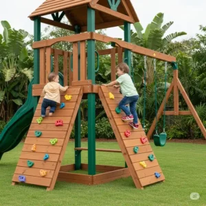 Image showcasing safety features like non-slip rungs and secure hardware on an Eastern Jungle Gyms playset, ensuring child safety.