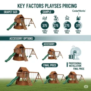 Infographic detailing factors that influence CedarWorks playset prices, such as size, features, and professional installation.