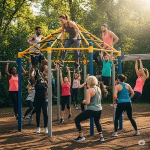 Energetic group of adults participating in an outdoor fitness class, using a large jungle gyms for adults for full-body workouts and social interaction.