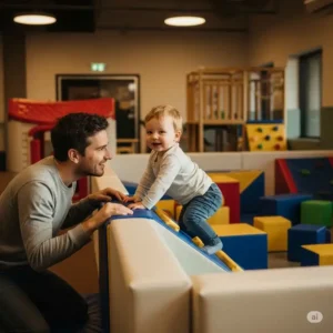 A parent smiling and interacting with their toddler in a safe and stimulating indoor play gym for toddlers environment.