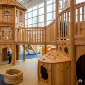 Detailed view of various indoor wooden playground design elements, showcasing craftsmanship.