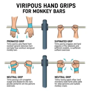 Illustrated diagram showing various hand grip options (pronated, supinated, neutral) on monkey bars, essential for diverse exercises on **jungle gym workout equipment**.