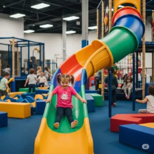 A child joyfully sliding down a colorful slide, a popular feature in an indoor kids gym.