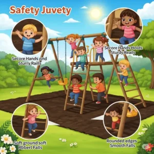 Illustration emphasizing safety features of a backyard jungle gym backyard, such as soft ground cover and secure handholds.