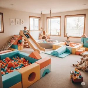 Soft play elements and foam blocks in a cozy indoor home playground setting.