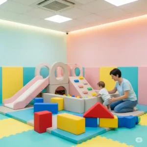 A dedicated indoor play area featuring a compact soft play set designed specifically for toddlers, offering a safe environment.
