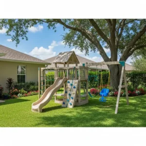 A spacious backyard featuring a complete vinyl playground set, providing a safe and engaging play area for kids.