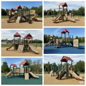 Collage of various vinyl playset designs and color options, demonstrating customizable playground solutions.