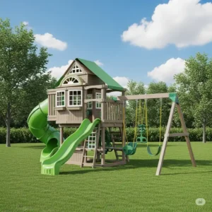 Various engaging features of a modern vinyl backyard playset, including a wavy slide, belt swings, and an enclosed play fort.