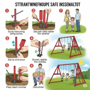 An illustration depicting the easy and secure installation process of a vinyl swing set, ensuring a stable and safe play area for children.