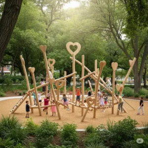 Overview of a large, eco-friendly wood and hearts jungle gym in a community park.