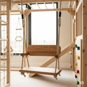 A comfortable wooden swing attachment integrated into an indoor wooden indoor jungle gym, providing hours of swinging fun.