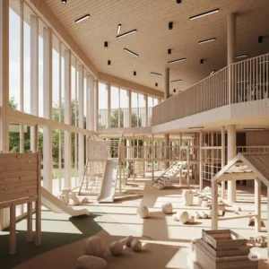 Architectural rendering showcasing the modern design of a wooden indoor playground with natural light.