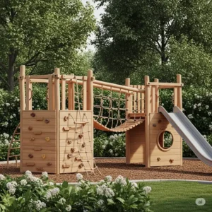 A natural wooden outdoor climbing set for children, blending seamlessly into garden landscapes and offering multiple play features.