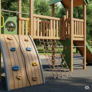 Innovative climbing features on a modern wooden playset, including a rock wall and rope ladder for active kids.