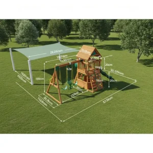 An aerial view or diagram illustrating the spacious layout and dimensions of a best rated wooden swing set, ideal for backyard planning.