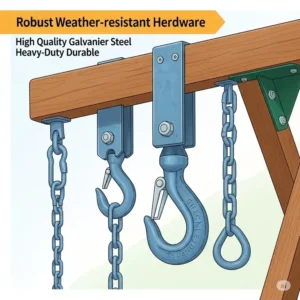 Close-up illustration of the durable, weather-resistant hardware included with a wooden swing set kit.