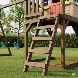 Sturdy wooden ladder leading up to the playhouse platform on a backyard wooden swing set with playhouse.