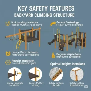  Infographic illustrating key safety features to consider for a backyard climbing structure, such as soft landing surfaces and secure fastenings.