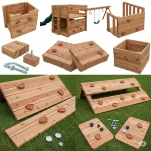 Various cedar playground components laid out, showcasing the high-quality wood and hardware.