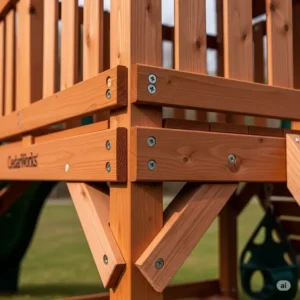 Close-up of premium Northern White Cedar wood on a playset, highlighting the quality that contributes to CedarWorks playset prices.
