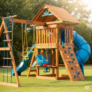 "An image highlighting specific accessories, like swings, slides, or climbing walls, that enhance CedarWorks playsets according to customer CedarWorks playset reviews."