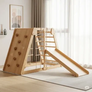 A space-saving wooden indoor jungle gym, ideal for smaller play areas or apartments, featuring a minimalist design.