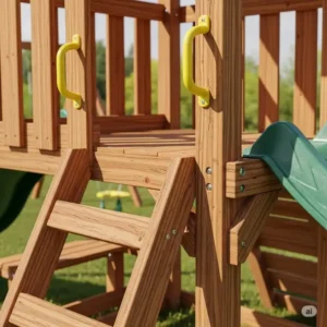 A close-up illustration emphasizing the high-quality, weather-resistant natural wood used in a durable compact wooden playset.