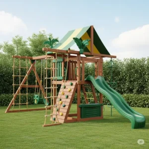 A space-saving Eastern Jungle Gyms playset designed for smaller backyards, offering big fun in a compact footprint.