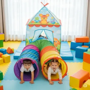 Kids crawling through a fun tunnel connected to a play tent in an indoor home playground.