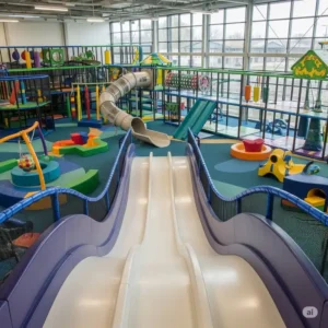An indoor jungle gym with a wide wave slide, part of an active play area for children, ideal for all weather conditions.