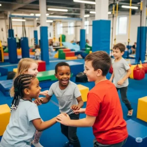 A group of children laughing and interacting in a dynamic indoor kids gym environment, highlighting social play.