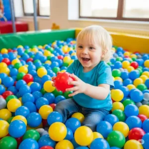 A joyful toddler surrounded by colorful balls in a dedicated ball pit, a popular feature of indoor play gyms for toddlers.