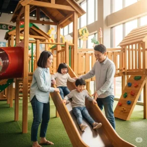 Family enjoying quality time together at a vibrant indoor wooden playground facility.