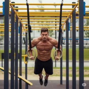 Individual performing gymnastic ring exercises, demonstrating advanced workout possibilities when rings are incorporated with **jungle gym workout equipment**.