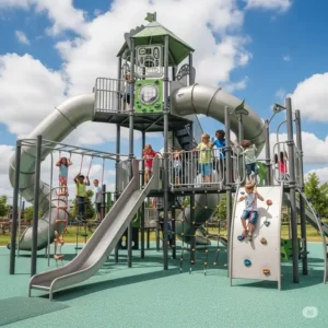 Kids playing on a multi-level metal playground set with an elevated fort and various activity stations.